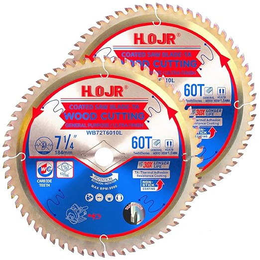 2-Pack 7-1/4" 60-Tooth 5/8" Arbor Woodworking Circular Saw Blade,Ultra Finish/General Purpose,Special Anti-Thermal Adhesion Coating on Cutting Edge-TA,High Finish, Long Life, 7-1/4" 60T 5/8"
