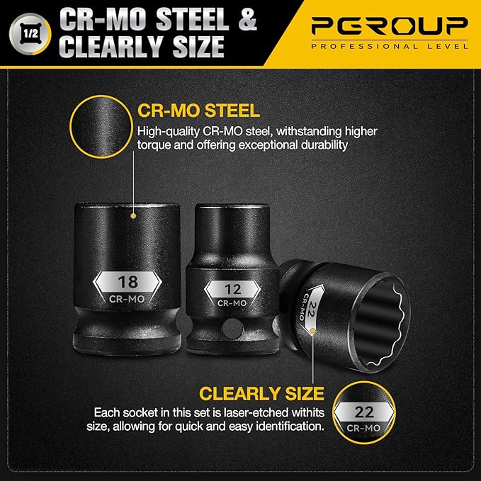 15-Piece 1/2" Drive Shallow Impact Socket Set, Metric Size (8-22mm) 12-Point Socket Set, CR-MO Steel for Automotive & DIY
