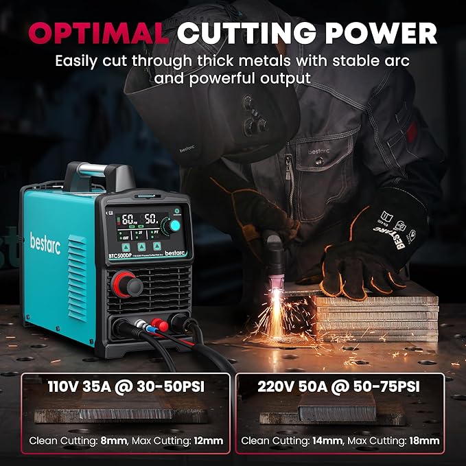 bestarc Plasma Cutter, [Pilot Arc][Large LED Display][Air Sensor] 50A bestarc Plasma Cutter Machine 110/220V Dual Voltage, 1/2 Inch Clean Cut 3/4 Inch Max Cut, Post Flow Mesh, 2T/4T for Beginners DIY