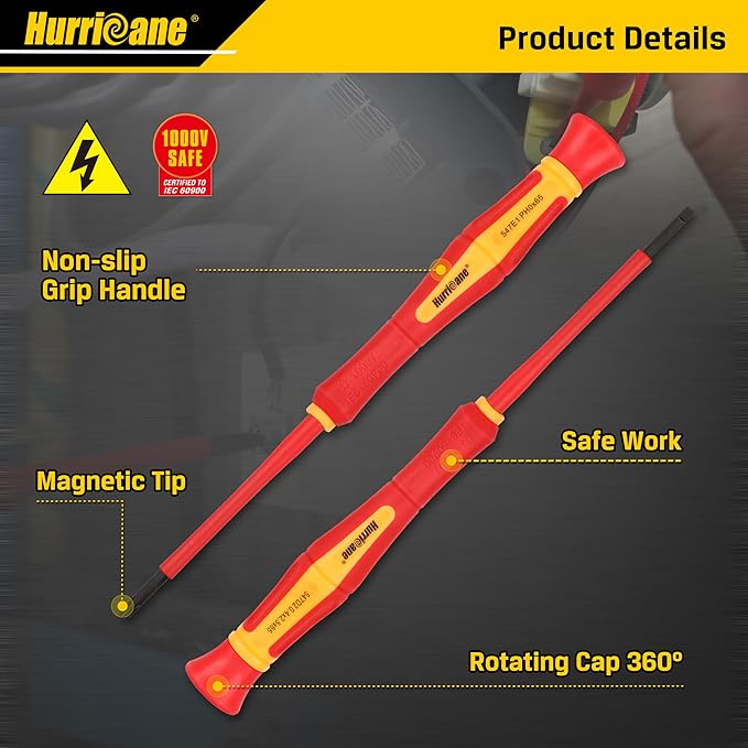 HURRICANE 1000V Insulated Screwdriver Set, 6 Piece Precision Electrician Screwdriver Set with Magnetic Tips for Electrical Repairs (Slotted 1.8/2.0/2.5/3.0mm, Phillips PH00/PH0) with Storage Case