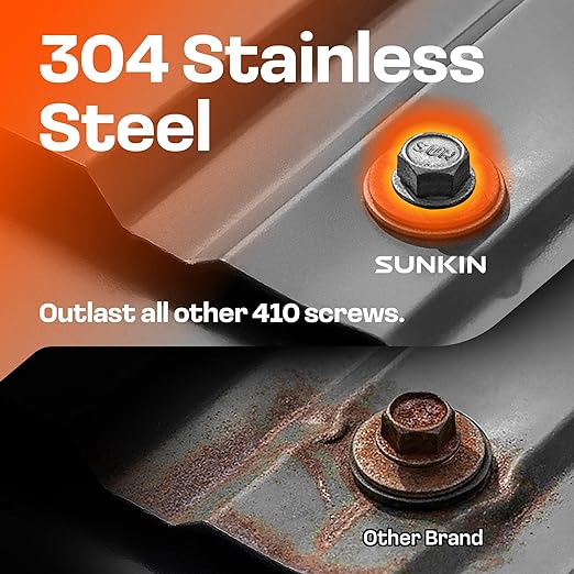 SUNKIN 72PCS Self Tapping Screws for Metal, Bi-Metal Stainless Steel 304 Rustproof, #12 x 1-1/2" Hex Head, Hardened Self Drilling Tip for Steel, Extreme Long Service Life