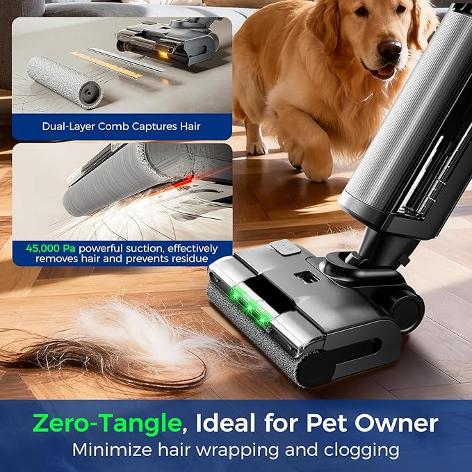 Wet Dry Vacuum Cleaner,Cordless Vacuum Mop Combo with Self-Cleaning,All in one Floor Cleaner Machine for Hard Floor,45kPa Suction 75 Mins Runtime Anti-Tangle,LED Light,180째 Lay-Flat,Self Propelled
