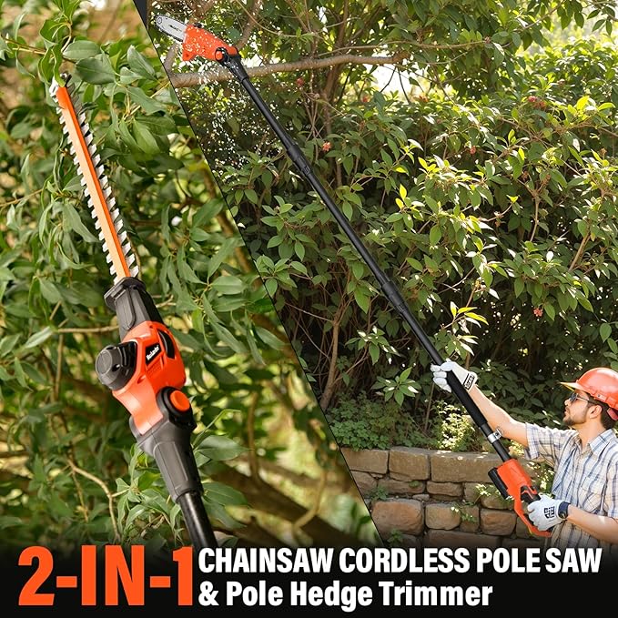 8 Inch Pole Saw and 18 Inch Pole Hedge Trimmer, 2-in-1 Cordless Pole Saws for Tree Trimming, 15-Feet MAX Reach, 16ft/s Speed, 20V Pole Chainsaw with 2.0Ah Battery & Charger