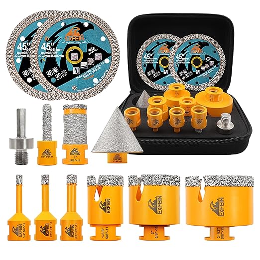 Diamond Tile Hole Saw Kit 12pcs - 6/8/10/25/35/50/65mm Core Drill Bits,10mm Milling Bit and 2" Chamfer Bit with Hex Adapter and 4.5" 2pcs Diamond Blade and for Tile Porcelain Marble