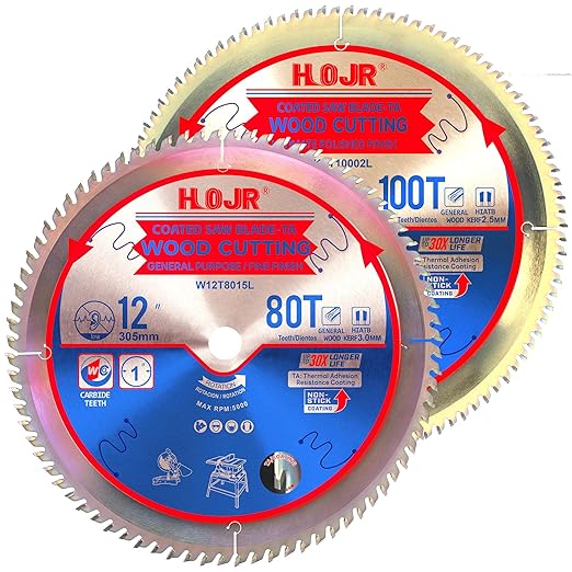 Woodworking Circular Saw Blades 2-Pack 12", Arbor 1", Framing/General Wood, Special Anti-Heat Adhesion Coating on Cutting Edges, High Finish, Long Life, 12" 80 Teeth & 100 Teeth -TA