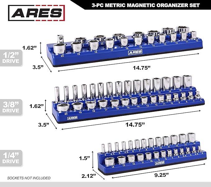 ARES 60036-3-Piece Blue Metric Magnetic Socket Organizer Set - Includes 1/4-Inch, 3/8-Inch, and 1/2-Inch Socket Holders - Holds Standard Size and Deep Size Sockets - Keeps Your Tool Box Organized