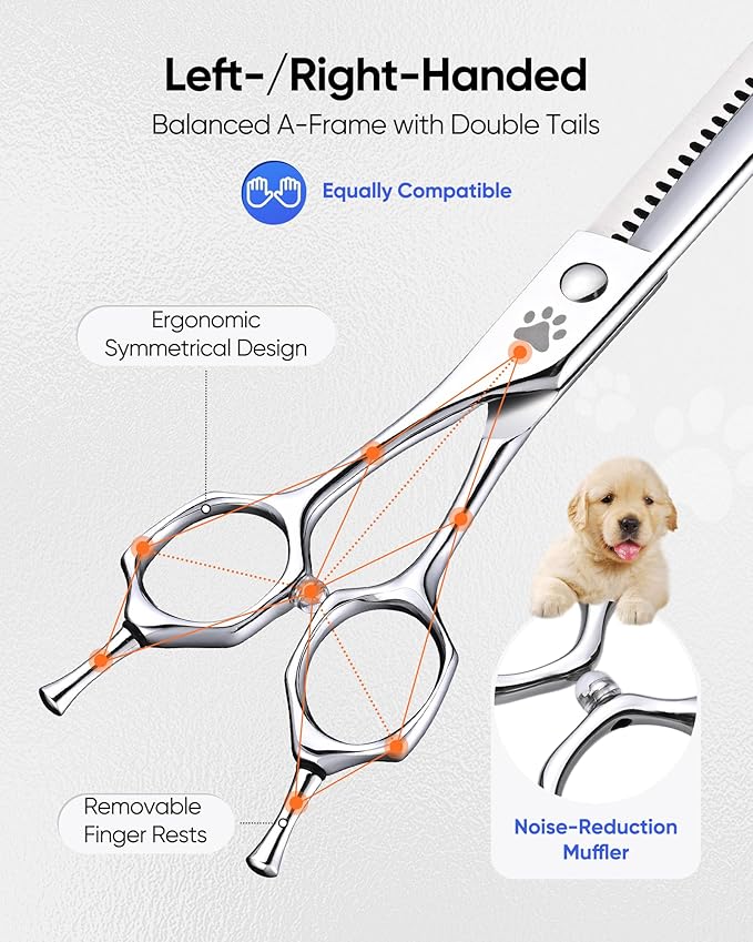 ULG Professional Dog Grooming Scissors 7.0??Straight Chunker Shear 65%-75% Thinning Rate 440C Japanese Stainless Steel Tension Adjustable Left & Right Handed Pet Grooming Shears
