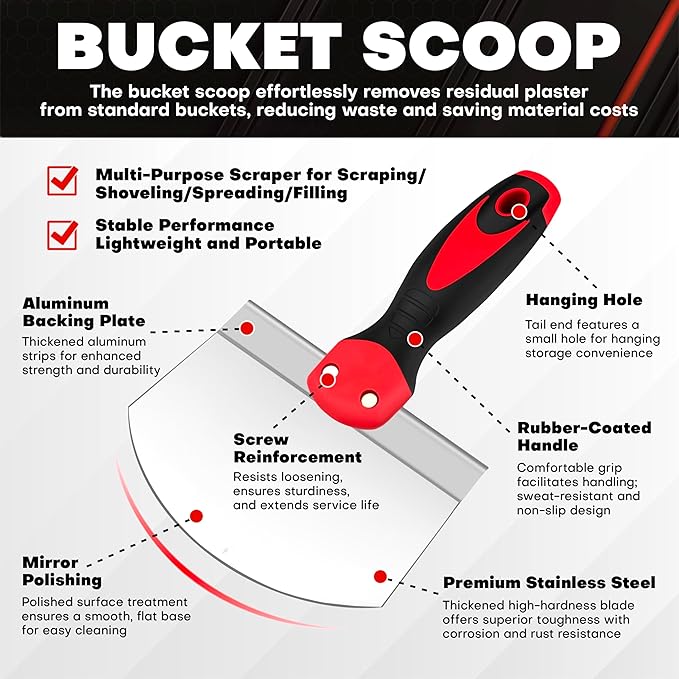 12PCS Drywall Tools Set - Stainless Steel Putty Kit with 1"-8" Knives, 8"-10" Taping Knife, 6.5" Bucket Scoop, 8-in-1 Painter Scraper, 12" Mud Pan, 13" Floor Scraper Blade with 4" Replacement Blades