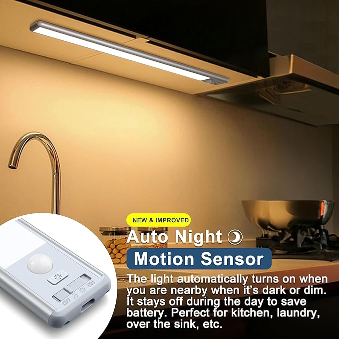 Under Cabinet Lighting, 40 LED Motion Sensor Light Indoor Rechargeable, 1800mAh Closet Lights Battery Operated for Kitchen Cabinets, Shelves, Walls (2 Pack)