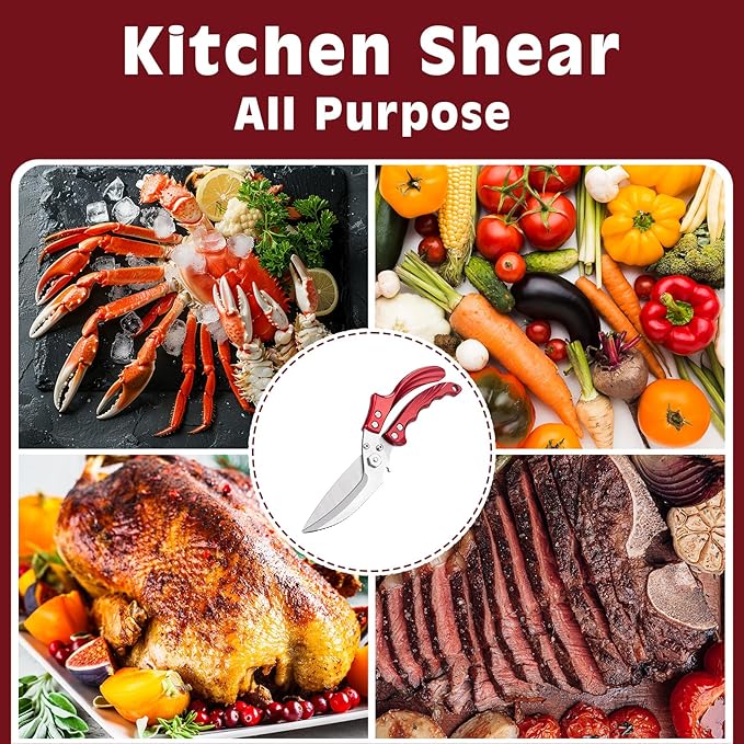 Kitchen Shears Kitchen Scissors for Food - Heavy Duty Stainless Steel Poultry Shears for Thanksgiving, Chicken, Bone, Meat, Turkey, Fish,Multi Purpose Scissor for Cutting Cooking, Dishwasher (Red)