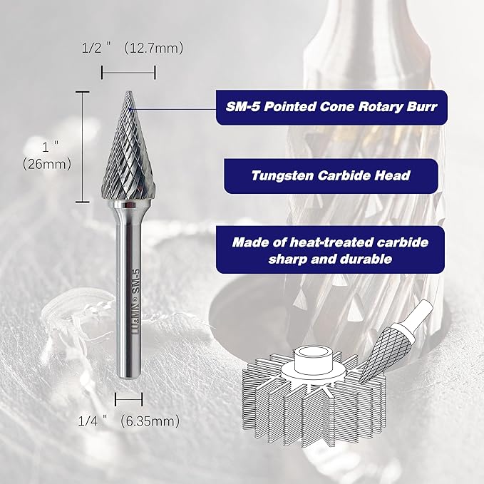 LU&MN SM-5 Tungsten Carbide Burr Rotary File, 3PCS, 25째 Pointed Cone, Double Cut, 1/4'' Shank, 1/2'' Cutter Dia, 1'' Length, for Die Grinder Drill