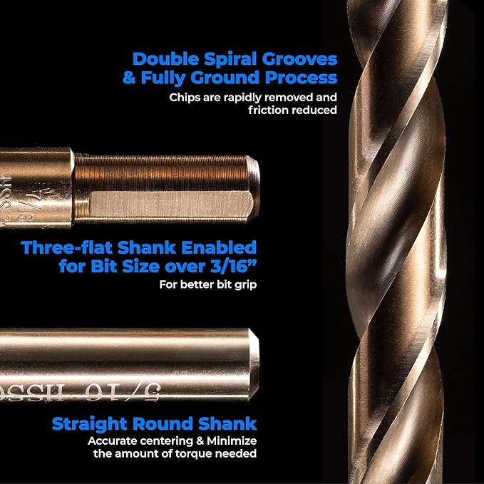 AMOOLO Cobalt Drill Bit Set 16Pcs (1/16"-3/8"), M35 High Speed Steel Metal Drill Bits Jobber Length for Hardened Metal, Stainless Steel, Cast Iron, Plastic and Wood