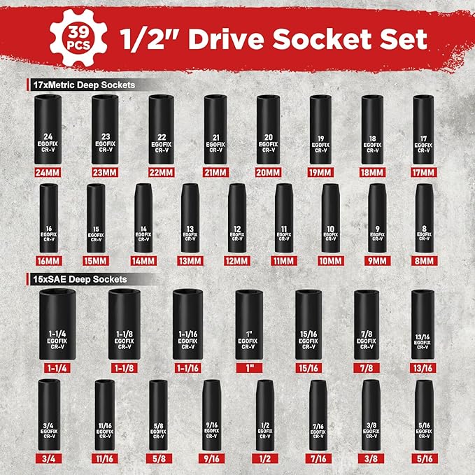 1/2??Drive Impact Deep Socket Set, 39 Pieces Metric(8-24mm)/SAE(5/16 to 1-1/4), CR-V Steel Tool Set with 3?? 5?? 10??Extension Bar, Adapters