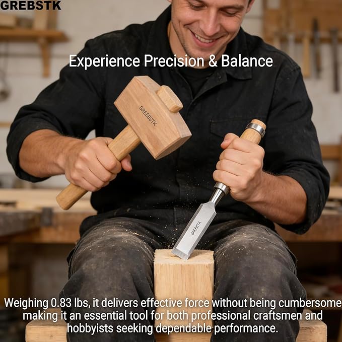GREBSTK Beech Wood Mallet - Woodworking Hammer & Ice Crusher for Cocktails, Perfect for Chisels, DIY, Bar Tool, Polished Solid Hardwood, 12 Inch