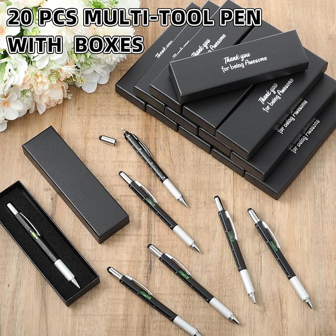 20 Sets Employee Appreciation Gifts for Adult Men Multi Tool Pen with Motivational Quote Boxes Stocking Stuffers Bulk for Father's Christmas White Elephant Gifts (Black)
