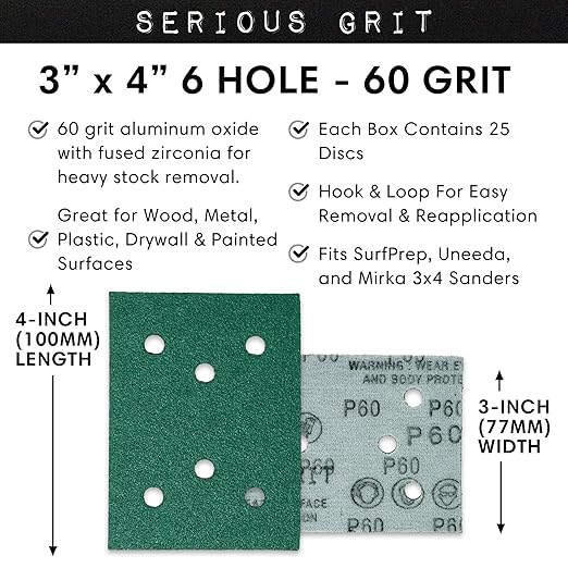 Serious Grit - 3" x 4" 6-Hole 60 Grit Sanding Sheets - Fits Surfprep, Uneeda Ekasand, Mirka DEOS 343 - Heavy-Duty Hook & Loop Film Abrasive Pads - Sandpaper for 3x4 Sheet Sanders - 25 Pack Box
