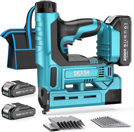 SEESII 18 Gauge Cordless Brad Nailer and Stapler Gun for Drywall, 20V 2-in-1 Electric Nail Gun with 2 Batteries, 1000pcs Nails & Staples, Adjustable Depth for Wood, Upholstery & DIY Projects