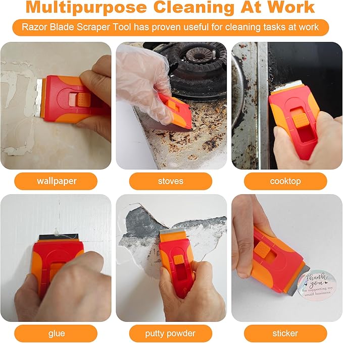 Razor Blade Scraper with 10pcs Blades and 3Pcs wire brushes,Scraper Tool for Cleaning Glass Window, Cooktop, Oven, Stove, Scraper with Buit-In Blade Storage, Upgraded Lock Mechanism, Orange