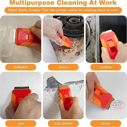 Razor Blade Scraper with 10pcs Blades and 3Pcs wire brushes,Scraper Tool for Cleaning Glass Window, Cooktop, Oven, Stove, Scraper with Buit-In Blade Storage, Upgraded Lock Mechanism, Orange