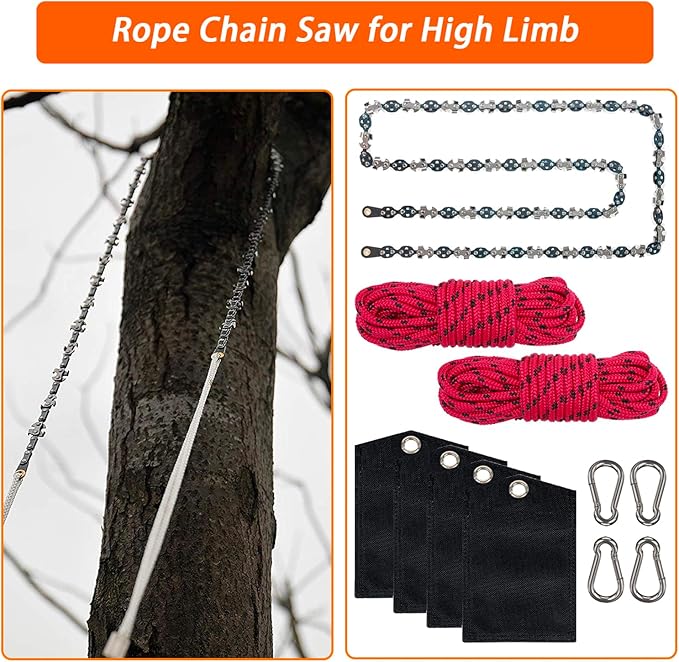 56 Inch High Limb Rope Saw, Hand Chainsaw with 72 Sharp Teeth Blades on Both Sides, Hand Rope Chain Saw Kit Includes Ergonomic Handles, Hand Straps and Storage Case, Manual Tree Limb Cutter