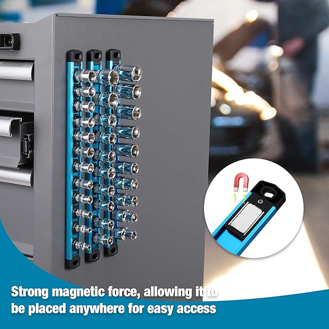 WORKPRO Magnetic Socket Organizer, 1/2-Inch Drive Aluminum Alloy Socket Rail, Heavy Duty Socket Holder, Socket Rack Kit 1/2-Inch x 10 Clips Sky Blue (Socket not Included)
