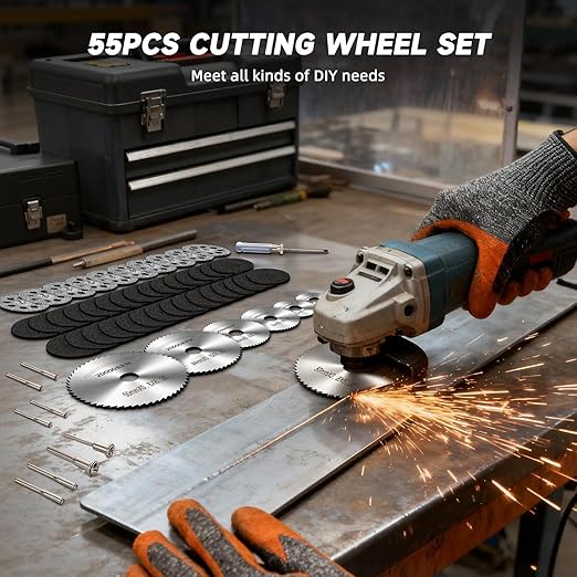 55PCS Cutting Wheel Set for Rotary Tools, Premium Cutting Discs, HSS Circular Saw Blades, Resin Cutting Discs, 545 Diamond Cutting Wheels for Cutting Metal, Stone, PVC and Make DIY Craft