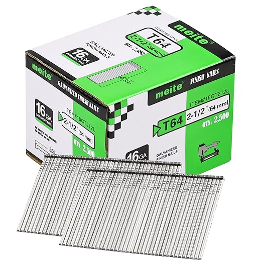 meite 16 Gauge Finish Nails, 2-1/2-Inch Galvanized 16 Gauge Brad Nails, Small Straight Finishing Nail for 16 Gauge Finish Nailer Guns (1 Case)