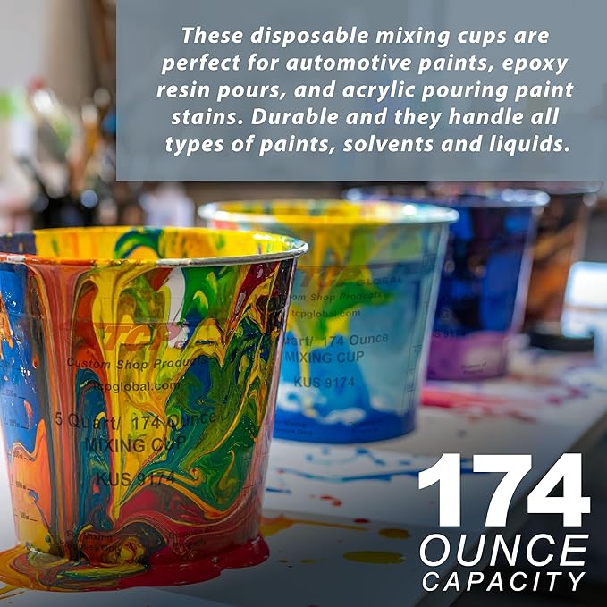 Custom Shop Paint Mixing Cups, 5-Quart (48 Pack) - Plastic Measuring Cups for Liquids, Automotive Painting, Epoxy Resin, Acrylic Arts, Crafts, Disposable or Reusable, Graduated, Mixing Ratios
