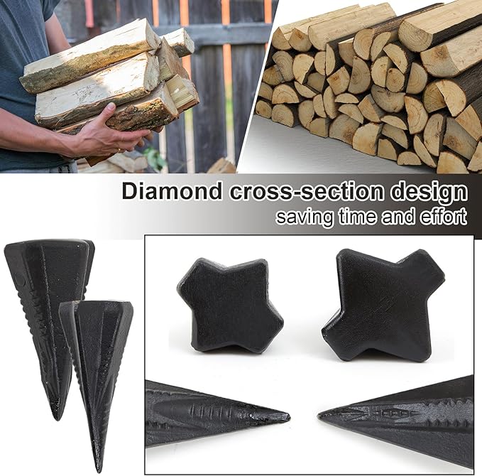 2 Pcs 4 & 5 Lbs Wood Splitting Wedges Manual Log Splitter Wedge 4-direction Diamond Design Forged Steel Tool for Easy Wood Splitting Splits Firewood into 4 Pieces Less Effort
