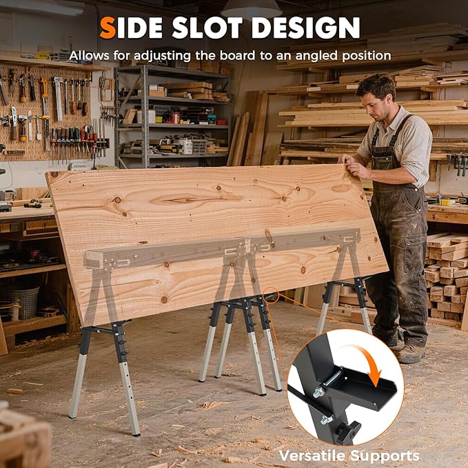 2 Pack Heavy Duty Folding Sawhorse Pair, Adjustable Height & Legs, Portable Metal Saw Horses with 2600 LBS Load Capacity, Portable Folding and Fast Open Legs and Easy Grip Handle for Woodworking.