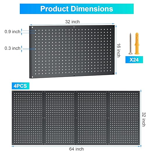 Metal Pegboard Panels 4PCS Storage System for Garage Wall Organizer Workbench for for Walls Home, Garage Tool Storage, Office Organization, Craft Room, Kitchen(31.5"x15.75")
