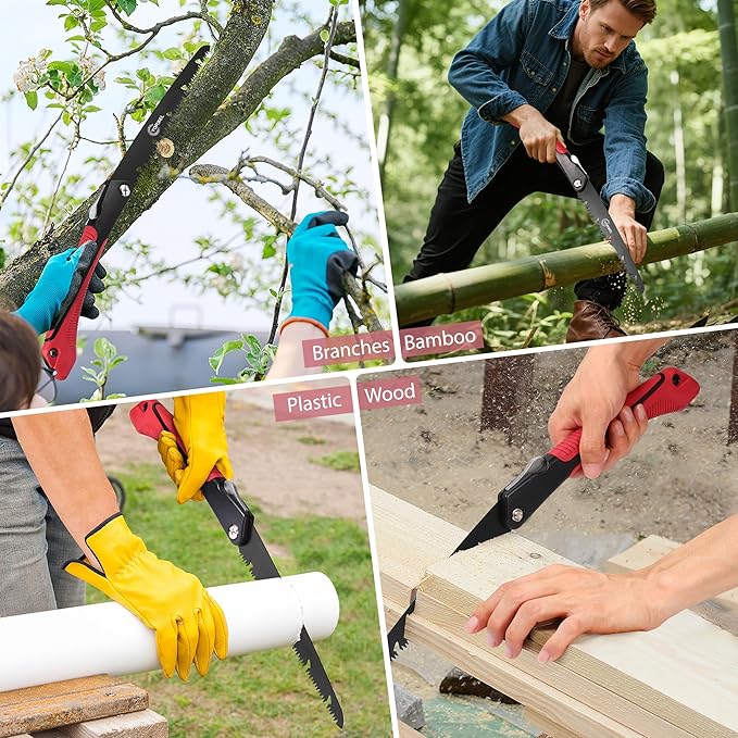 Folding Camping saw 10 inch ??SK9 High-Carbon Steel TEFLON-Coated Rust-Resistant, 2 Locking Positions, Hand Saw for Garden Tree Limbs, Wood Cutting & Outdoor Camping (2 Extra Blades)