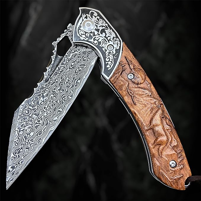 TACTICAL GEARZ Damascus Pocket Knife, Custom Carved Rosewood Handle, Includes Custom Leather Sheath (Timber XT)
