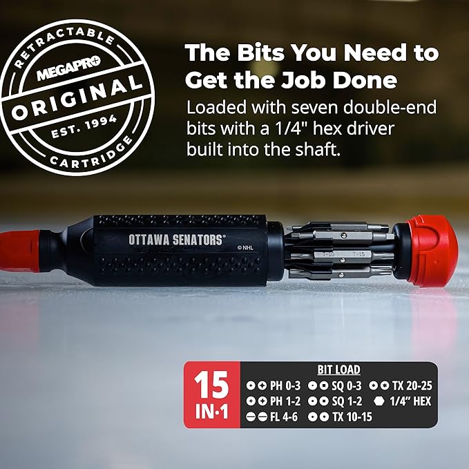 MEGAPRO짰 NHL짰 Team Edition Multi-bit Screwdriver | Officially Licensed NHL짰 Gear | Durable, Ergonomic, Pro-Grade Screwdriver (Ottawa Senators짰)