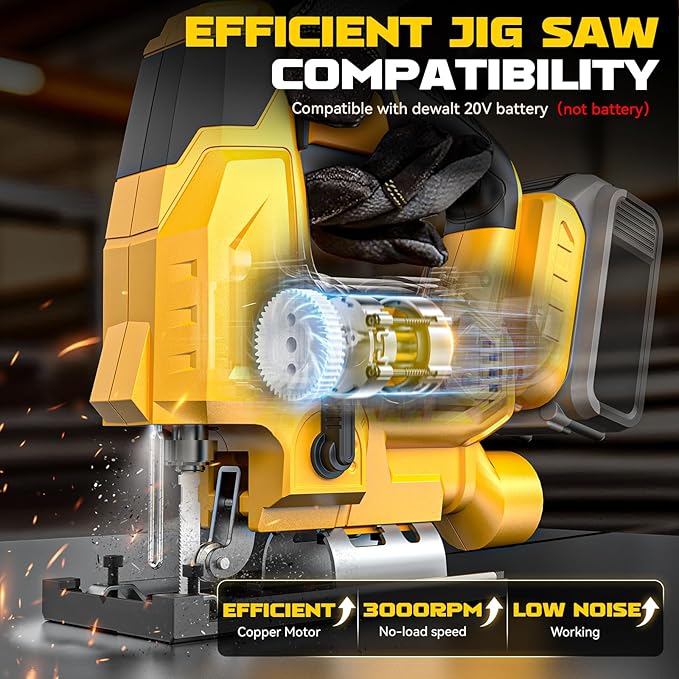 Ecarke Cordless Jig Saw Compatible With Dewalt 20V Max Battery (Only Tool), 4 Orbital Sets, 6 Variable Speeds Control, Dust-Blowing, ±45° Bevel Cuts, LED Light and 6PCS Blades For Cutting