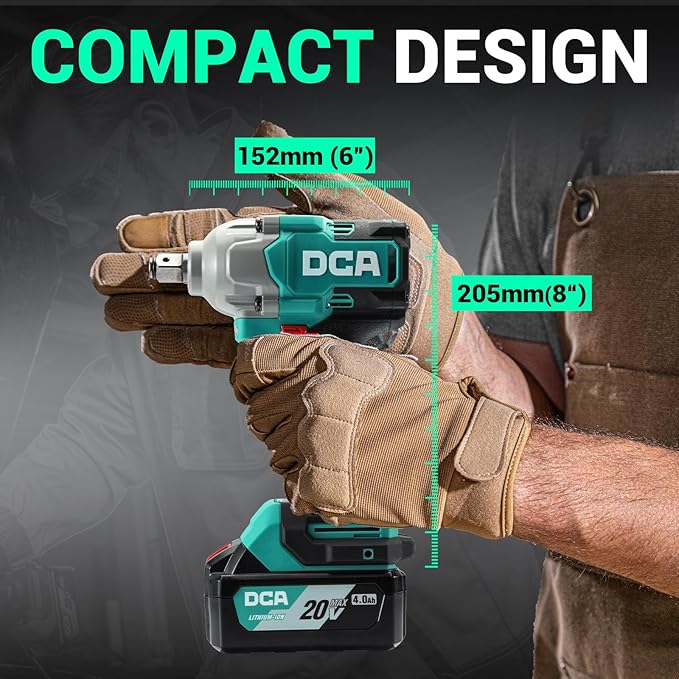 DCA 20V Brushless Impact Wrench Cordless, 682Nm Max Torque, 1/2" Hog Ring Impact Gun, 2 * 4000mAh Li-ion Battery, 4 Modes, LED Light, Compact Design, Smart Loosen Function