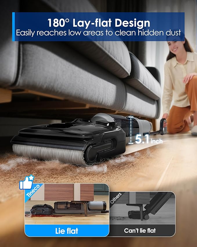 Tineco Floor ONE i5 Stretch Wet Dry Vacuum Cleaner, Vacuum & Mop in One Step, 20kpa Powerful Suction, 180째 Lay-Flat Design, Anti-Tangle Design, Dual-Sided Edge Cleaning, Up to 30* Minutes Runtime