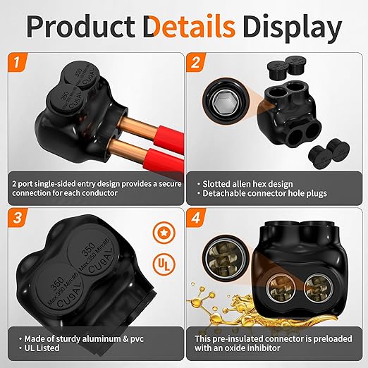 Joinfworld 2 Port Insulated Multi Tap Connector 350MCM-6AWG Wire Connectors Aluminum to Copper Wire Connectors Single Side Entry Black Electrical Cable Connectors with Slotted Allen Hex - 6 Pack
