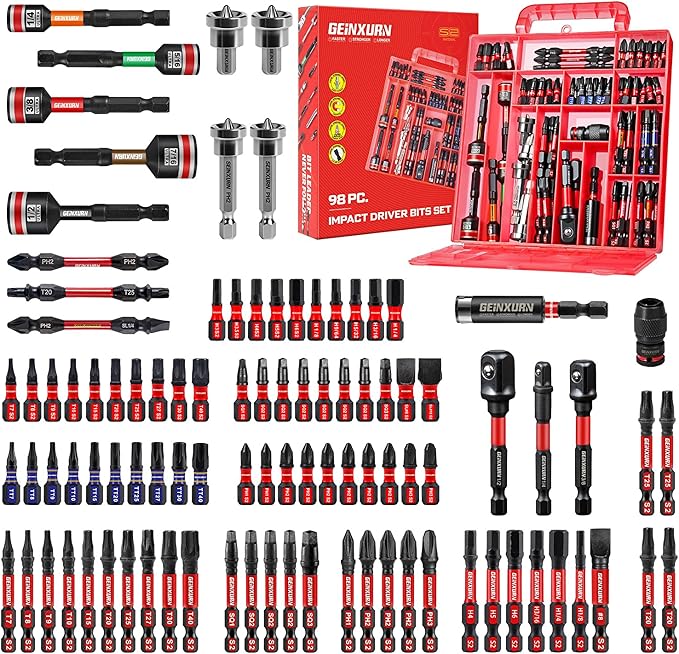 98Pieces 1??2??Impact Screwdriver Bits Set, Magnetic S2 Steel (Phillips/Slotted/Square/Torx/Hex/Security Torx) Driver Bits Tips,Impact Bit Holder and Nut Driver with Red Storage Box Case
