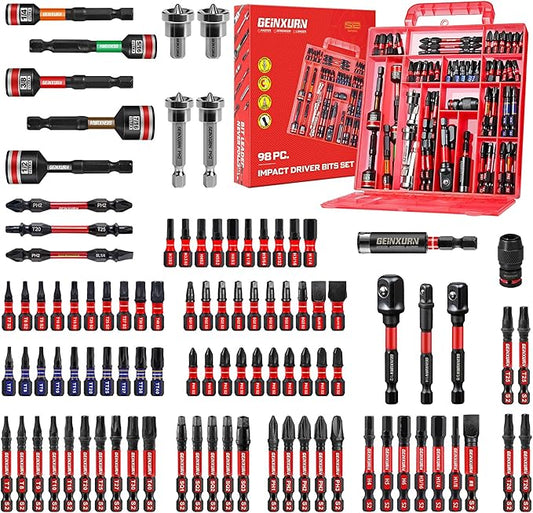 98Pieces 1??2??Impact Screwdriver Bits Set, Magnetic S2 Steel (Phillips/Slotted/Square/Torx/Hex/Security Torx) Driver Bits Tips,Impact Bit Holder and Nut Driver with Red Storage Box Case