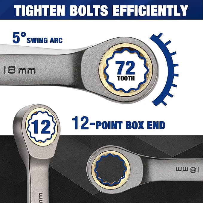 WORKPRO 22-Piece Ratcheting Wrench Set, Ratchet Combination Wrench Sets with Organizer Box, Nickel Plating, 72 Teeth, Metric 6-18mm & SAE 1/4-3/4"