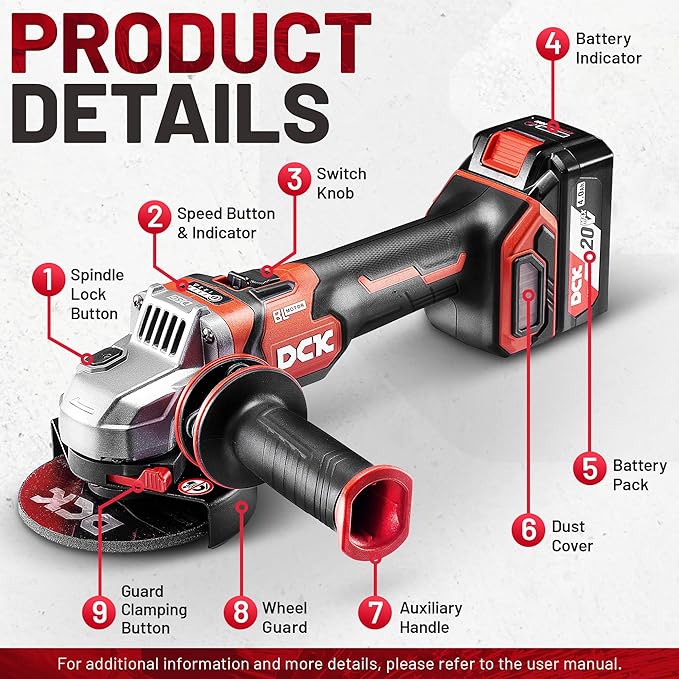 20V Cordless Angle Grinder, 4-1/2 Inch Brushless Power Grinder Tool with 4000mAh Battery, 6 Piece Discs (2 Cutting/2 Grinding/2 Polishing), Tool-Free Guard, Drop Control & Overload Protection