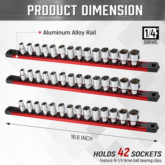 ALOANES 3-Piece Magnetic Socket Organizer, Heavy Duty Aluminum Socket Rails Organizer, 360째 Swivel Clips Socket Rail Set For Sockets Storage, 1/4-Inch Socket Holder x 42 Clips (Red)