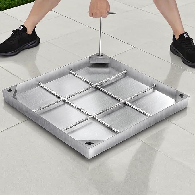 MYOYAY Stainless Steel Manhole Cover and Frame with 2 Lifting Hook, 24x24 inch Recessed Square Septic Tank Lid with Base, Invisible Sewage Basin Inspection Cover for Driveway Yard Pavement