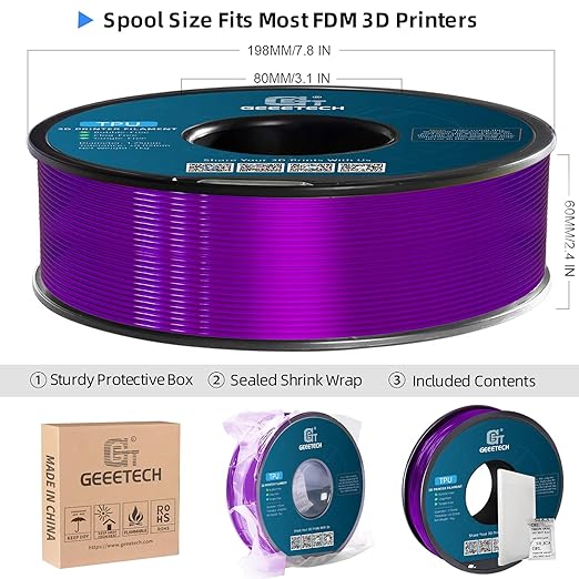 Geeetech TPU Filament 1.75mm, Shore 95A Flexible 3D Printer Filament with High Elasticity, 1KG (2.2lbs) Spool, Dimensional Accuracy 짹0.03mm, Fits Most FDM Printers (Clear Purple)