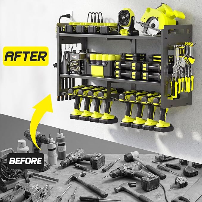 TOPRINCE Large Power Tool Organizer Wall Mount with Charging Station, 3-Tier Heavy Duty Metal Tool Rack with 8 Drill Holders and 6FT Power Strip, Garage Workshop Storage.Black
