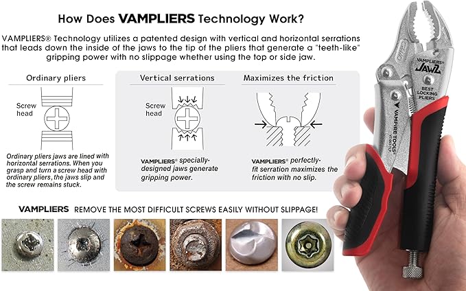 VAMPLIERS 7.5" Vise Grip Heavy Duty Locking Pliers with Screw Extractor Curved Jaws. Professional Grade. Secure Hold, Quick Release. Grip & Remove Stripped/Stuck Screws in seconds.
