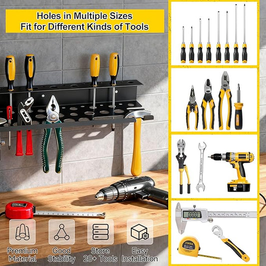 Metal Screwdriver Organizer, 15.75inch Utility Wall Mount Tool Organizer for Screwdrivers Pliers Holder with 35 Holes, Hand Tool Storage Rack for Workbench, Garage, Warehouse (Black, 2 Layers)