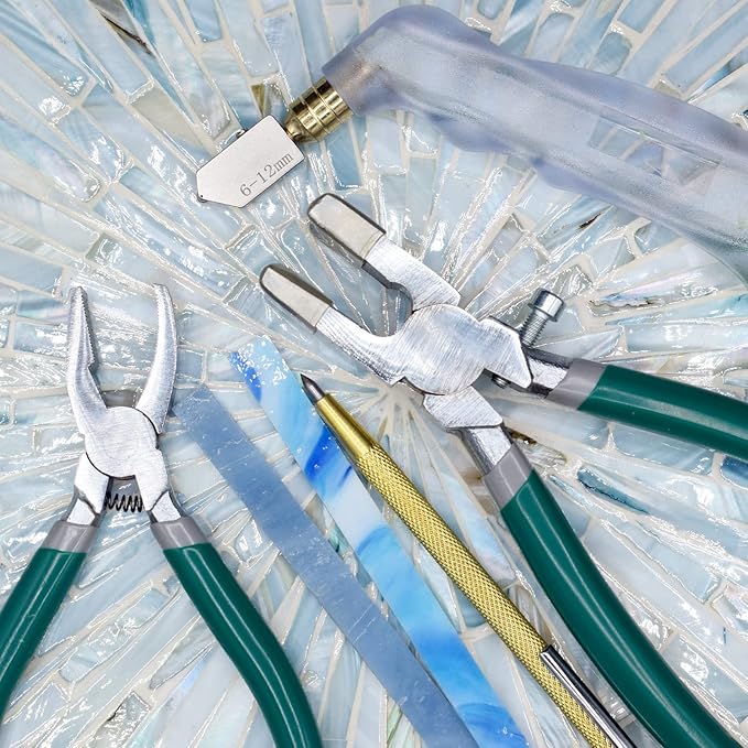 9Pcs Heavy Duty Glass Cutter Tool, Glass Cutting Kit, Glass Running Breaking Pliers, Breaker Grozer Pliers with Curved Jaws,Glass Cutters for Stained Glass, Mosaics, Fusing, Breaking