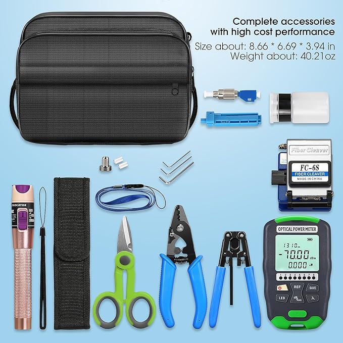Fiber Optic Termination Tool Kit 10-in-1 Equipped with A-D7 Optical Power Meter (-70 - +10 dBm), FC-6S Fiber Cleaver and Wire Stripping Pliers, Aramid Scissors, Fiber Optic Tool Kit